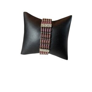 Iridescent Purple Stretch Cuff Bracelet Rhinestone Accents Bronze Tone VTG
